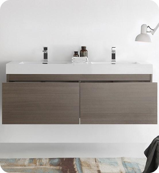 Fresca Mezzo 60" Gray Oak Wall Hung Double Sink Modern Bathroom Cabinet w/ Integrated Sink | FCB8042GO-I FCB8042GO-I