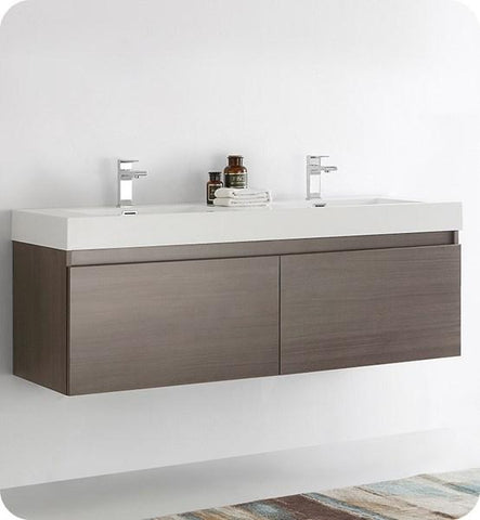 Image of Fresca Mezzo 60" Gray Oak Wall Hung Double Sink Modern Bathroom Cabinet w/ Integrated Sink | FCB8042GO-I FCB8042GO-I