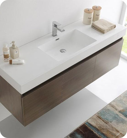 Image of Fresca Mezzo 60" Gray Oak Wall Hung Single Sink Modern Bathroom Cabinet w/ Integrated Sink | FCB8041GO-I