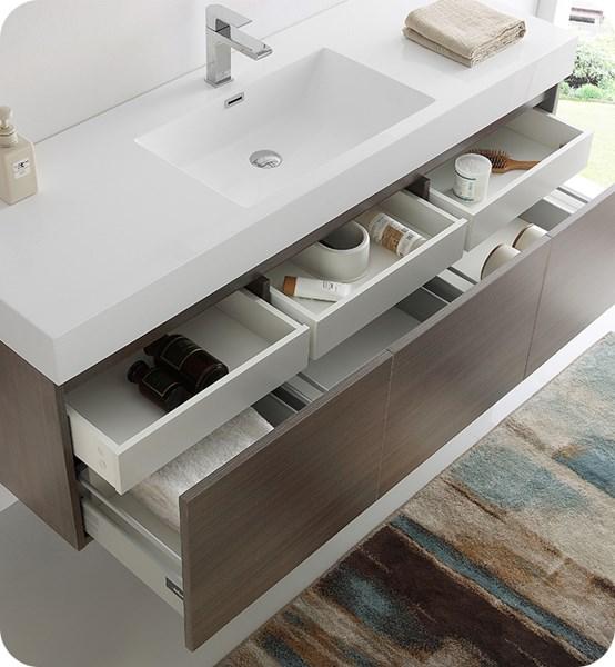 Fresca Mezzo 60" Gray Oak Wall Hung Single Sink Modern Bathroom Cabinet w/ Integrated Sink | FCB8041GO-I