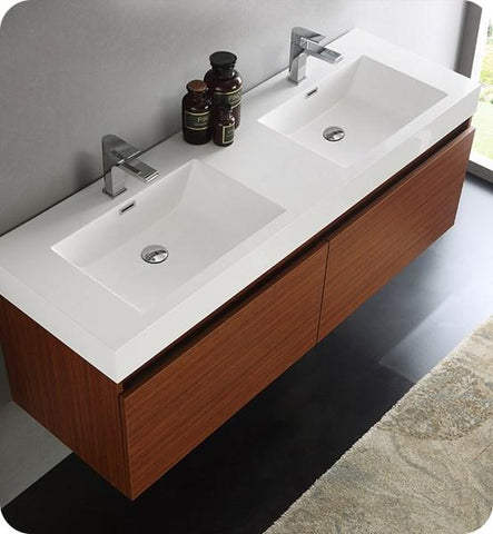 Image of Fresca Mezzo 60" Teak Wall Hung Double Sink Modern Bathroom Cabinet w/ Integrated Sink | FCB8042TK-I FCB8042TK-I