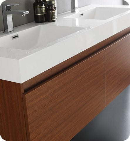 Image of Fresca Mezzo 60" Teak Wall Hung Double Sink Modern Bathroom Cabinet w/ Integrated Sink | FCB8042TK-I FCB8042TK-I