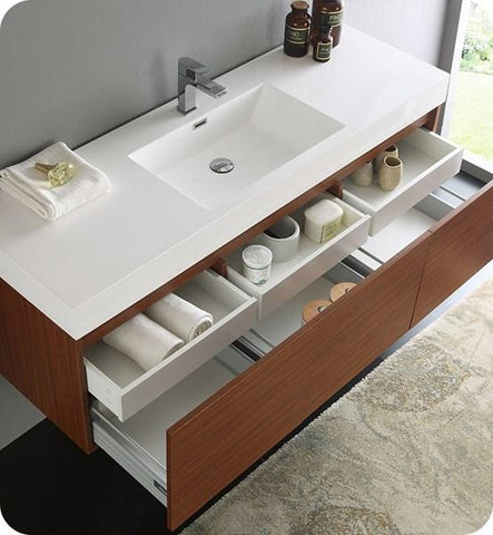 Image of Fresca Mezzo 60" Teak Wall Hung Single Sink Modern Bathroom Cabinet w/ Integrated Sink | FCB8041TK-I