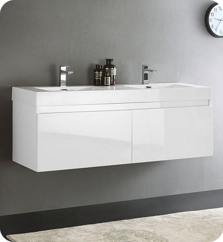 Image of Fresca Mezzo 60" White Wall Hung Double Sink Modern Bathroom Cabinet w/ Integrated Sink | FCB8042WH-I