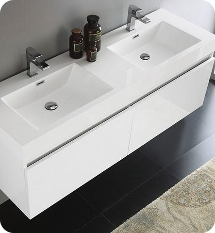 Image of Fresca Mezzo 60" White Wall Hung Double Sink Modern Bathroom Cabinet w/ Integrated Sink | FCB8042WH-I