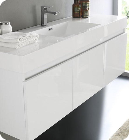 Image of Fresca Mezzo 60" White Wall Hung Single Sink Modern Bathroom Cabinet w/ Integrated Sink | FCB8041WH-I