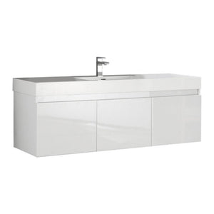 Fresca Mezzo 60" White Wall Hung Single Sink Modern Bathroom Vanity Set - No Mirror FVN8041WH-NM-FFT1030BN