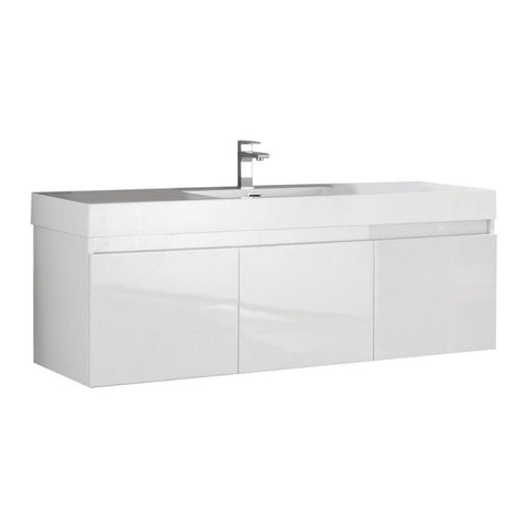 Image of Fresca Mezzo 60" White Wall Hung Single Sink Modern Bathroom Vanity Set - No Mirror FVN8041WH-NM-FFT1030BN