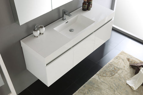 Image of Fresca Mezzo 60" White Wall Hung Single Sink Modern Bathroom Vanity Set - No Mirror FVN8041WH-NM-FFT1030BN