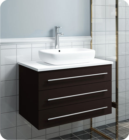 Image of Fresca Modella 32" Espresso Wall Hung Modern Bathroom Cabinet with Top & Vessel Sink | FCB6183ES-VSL-I FCB6183ES-VSL-I