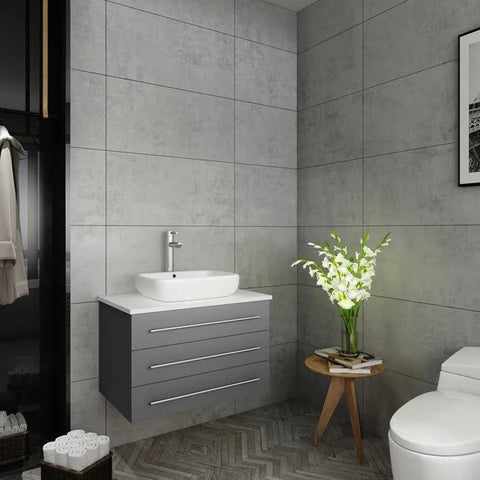 Image of Fresca Modella 32" Gray Wall Hung Modern Bathroom Cabinet with Top & Vessel Sink | FCB6183GR-VSL-I FCB6183GR-VSL-I
