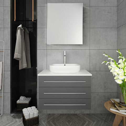 Image of Fresca Modello 32" Gray Wall Hung Modern Bathroom Vanity with Medicine Cabinet | FVN6183GR-VSL FVN6183GR-VSL