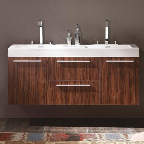 Image of Fresca Opulento 54" Walnut Modern Double Sink Cabinet w/ Integrated Sinks FCB8013GW-I