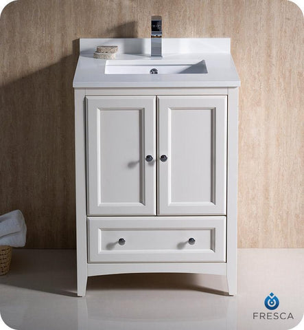 Image of Fresca Oxford 24" Antique White Traditional Bathroom Cabinet w/ Top & Sinks FCB2024AW-CWH-U