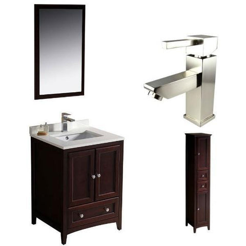 Image of Fresca Oxford 24" Mahogany Traditional Single Bathroom Vanity with Faucet FVN2024 FVN2024MH-FFT1030BN-FST2060MH