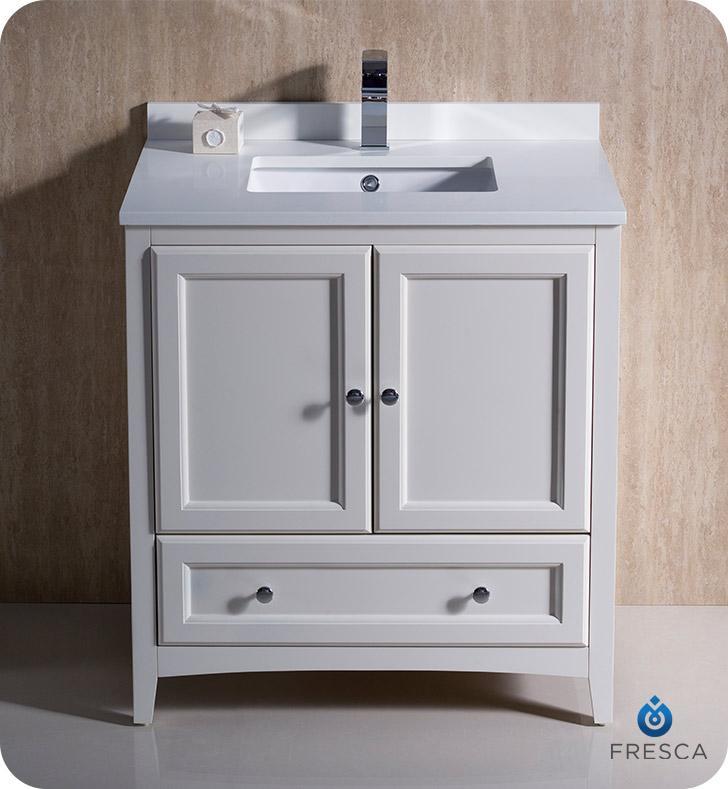 Fresca Oxford 30" Antique White Traditional Bathroom Cabinet w/ Top & Sink FCB2030AW-CWH-U