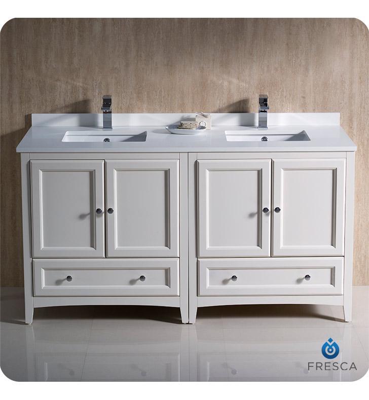 Fresca Oxford 60" Antique White Traditional Double Sink Bathroom Cabinets FCB20-3030AW-CWH-U