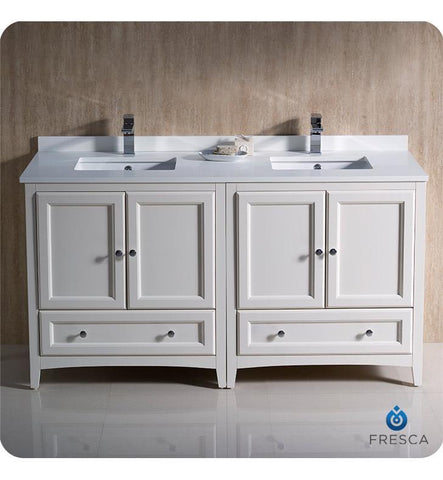 Image of Fresca Oxford 60" Antique White Traditional Double Sink Bathroom Cabinets FCB20-3030AW-CWH-U