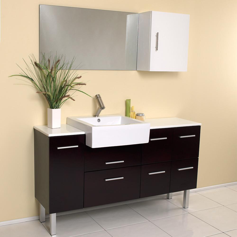 Fresca Serio 56" Espresso Modern Bathroom Vanity w/ Mirror & Side Cabinet FVN6143ES-FFT1030BN