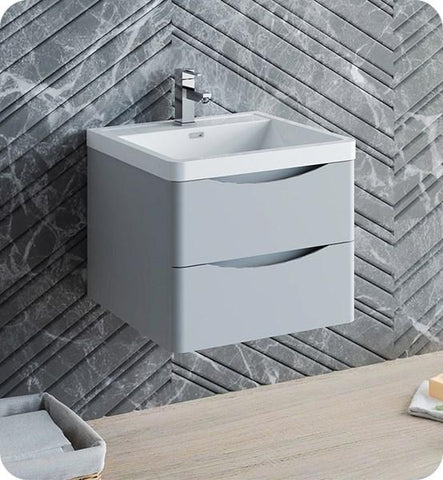 Image of Fresca Tuscany 24" Glossy Gray Wall Hung Modern Bathroom Cabinet w/ Integrated Sink | FCB9024GRG-I