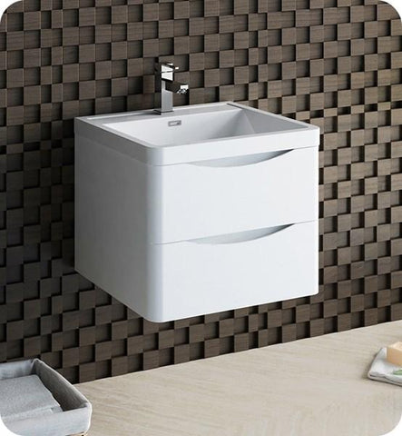 Image of Fresca Tuscany 24" Glossy White Wall Hung Modern Bathroom Cabinet w/ Integrated Sink | FCB9024WH-I