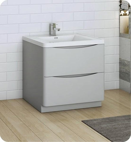 Image of Fresca Tuscany 32" Glossy Gray Free Standing Modern Bathroom Cabinet w/ Integrated Sink | FCB9132GRG-I FCB9132GRG-I