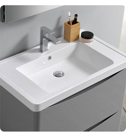 Image of Fresca Tuscany 32" Glossy Gray Wall Hung Modern Bathroom Cabinet w/ Integrated Sink | FCB9032GRG-I