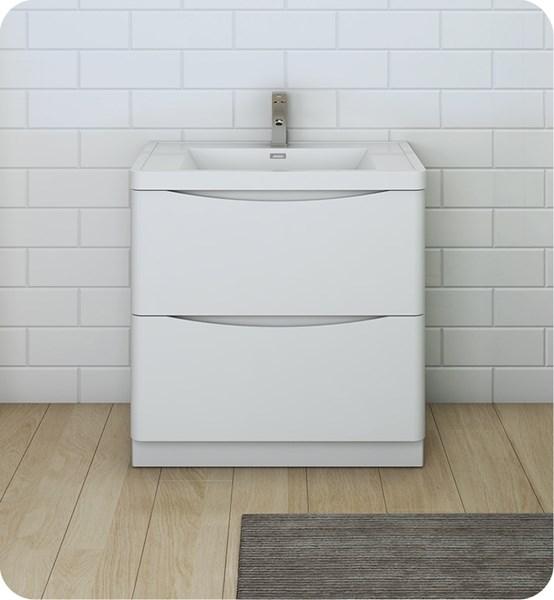 Fresca Tuscany 32" Glossy White Free Standing Modern Bathroom Cabinet w/ Integrated Sink | FCB9132WH-I