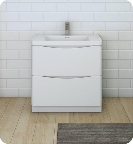 Image of Fresca Tuscany 32" Glossy White Free Standing Modern Bathroom Cabinet w/ Integrated Sink | FCB9132WH-I