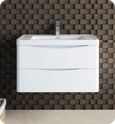 Image of Fresca Tuscany 32" Glossy White Wall Hung Modern Bathroom Cabinet w/ Integrated Sink | FCB9032WH-I