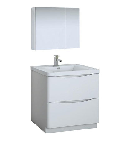 Image of Fresca Tuscany 32" White Bath Bowl Vessel Drain Vanity Set w/ Cabinet & Faucet FVN9132WH-FFT1030BN