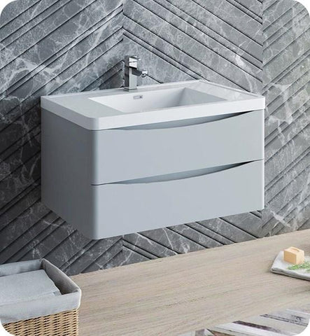 Image of Fresca Tuscany 36" Glossy Gray Wall Hung Modern Bathroom Cabinet w/ Integrated Sink | FCB9036GRG-I