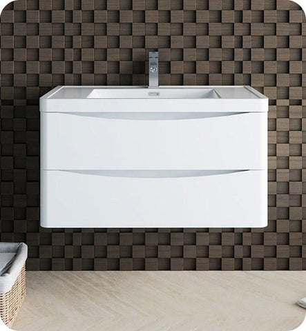 Image of Fresca Tuscany 36" Glossy White Wall Hung Modern Bathroom Cabinet w/ Integrated Sink | FCB9036WH-I