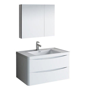 Fresca Tuscany 36" White Bath Bowl Vessel Drain Vanity Set w/ Cabinet & Faucet FVN9036WH-FFT1030BN