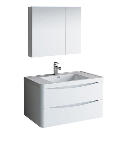 Image of Fresca Tuscany 36" White Bath Bowl Vessel Drain Vanity Set w/ Cabinet & Faucet FVN9036WH-FFT1030BN