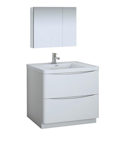 Image of Fresca Tuscany 36" White Bath Bowl Vessel Drain Vanity Set w/ Cabinet & Faucet FVN9136WH-FFT1030BN