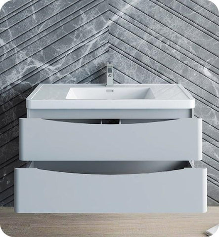 Image of Fresca Tuscany 40" Glossy Gray Wall Hung Modern Bathroom Cabinet w/ Integrated Sink | FCB9040GRG-I