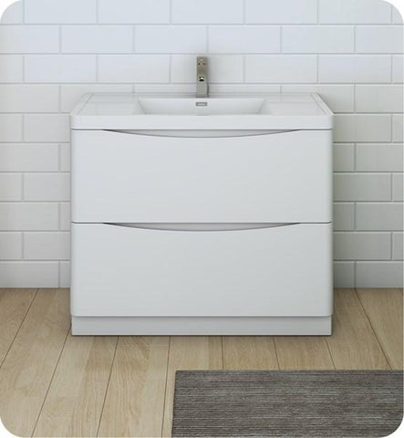 Image of Fresca Tuscany 40" Glossy White Free Standing Modern Bathroom Cabinet w/ Integrated Sink | FCB9140WH-I