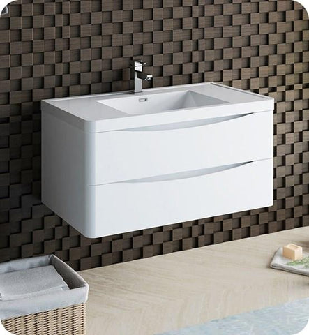 Image of Fresca Tuscany 40" Glossy White Wall Hung Modern Bathroom Cabinet w/ Integrated Sink | FCB9040WH-I