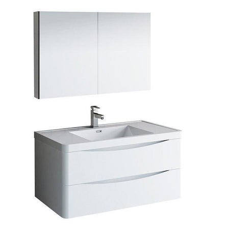Image of Fresca Tuscany 40" White Bath Bowl Vessel Drain Vanity Set w/ Cabinet & Faucet FVN9040WH-FFT1030BN