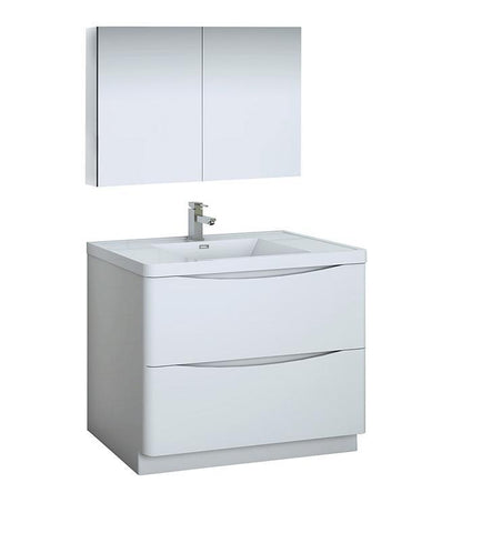 Image of Fresca Tuscany 40" White Bath Bowl Vessel Drain Vanity Set w/ Cabinet & Faucet FVN9140WH-FFT1030BN