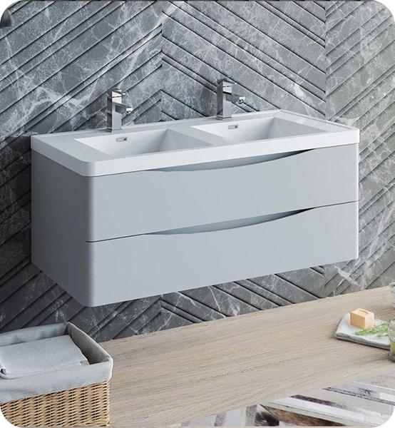 Fresca Tuscany 48" Glossy Gray Wall Hung Modern Bathroom Cabinet w/ Integrated Double Sink | FCB9048GRG-D-I
