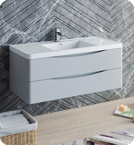 Image of Fresca Tuscany 48" Glossy Gray Wall Hung Modern Bathroom Cabinet w/ Integrated Sink | FCB9048GRG-I