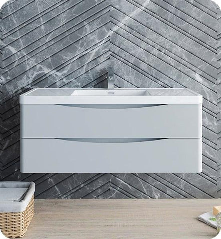 Image of Fresca Tuscany 48" Glossy Gray Wall Hung Modern Bathroom Cabinet w/ Integrated Sink | FCB9048GRG-I