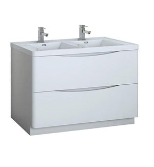 Fresca Tuscany 48" Glossy White Free Standing Modern Bathroom Cabinet w/ Integrated Double Sink | FCB9148WH-D-I