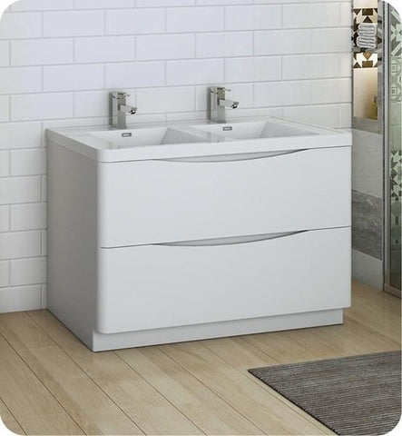 Image of Fresca Tuscany 48" Glossy White Free Standing Modern Bathroom Cabinet w/ Integrated Double Sink | FCB9148WH-D-I
