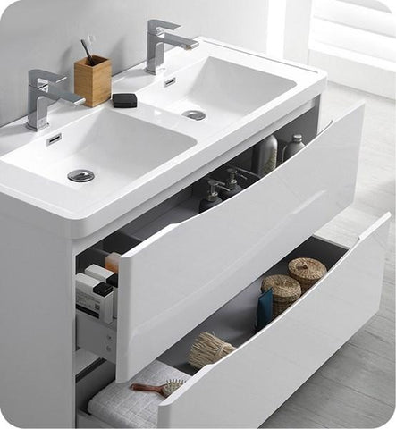 Image of Fresca Tuscany 48" Glossy White Free Standing Modern Bathroom Cabinet w/ Integrated Double Sink | FCB9148WH-D-I