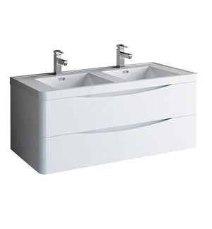 Fresca Tuscany 48" Glossy White Wall Hung Modern Bathroom Cabinet w/ Integrated Double Sink | FCB9048WH-D-I
