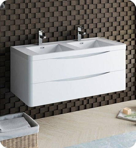 Image of Fresca Tuscany 48" Glossy White Wall Hung Modern Bathroom Cabinet w/ Integrated Double Sink | FCB9048WH-D-I