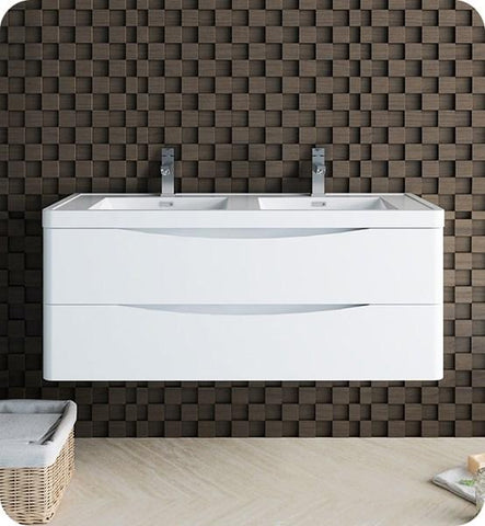Image of Fresca Tuscany 48" Glossy White Wall Hung Modern Bathroom Cabinet w/ Integrated Double Sink | FCB9048WH-D-I